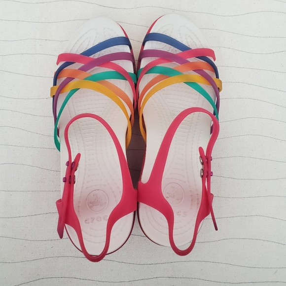 Crocs Womens Straps Pink Multicolor Wedge Heel Sandals Shoes 15392 Size 8 - Picture 6 of 12